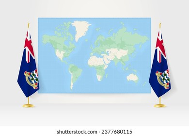 World Map between two hanging flags of Cayman Islands on flag stand. Vector illustration for diplomacy meeting, press conference and other.