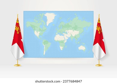 World Map between two hanging flags of Sark on flag stand. Vector illustration for diplomacy meeting, press conference and other.