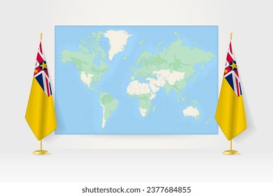 Mapa mundial entre dos banderas colgantes de Niue en el puesto de la bandera. Ilustración vectorial para la reunión diplomática, la conferencia de prensa y otros.