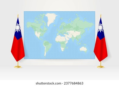 World Map between two hanging flags of Taiwan on flag stand. Vector illustration for diplomacy meeting, press conference and other.