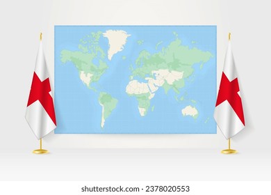 World Map between two hanging flags of England on flag stand. Vector illustration for diplomacy meeting, press conference and other.