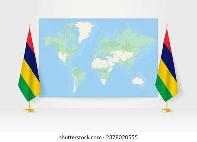 World Map between two hanging flags of Mauritius on flag stand. Vector illustration for diplomacy meeting, press conference and other.