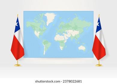 World Map between two hanging flags of Chile on flag stand. Vector illustration for diplomacy meeting, press conference and other.