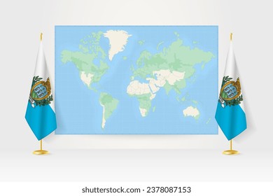 World Map between two hanging flags of San Marino on flag stand. Vector illustration for diplomacy meeting, press conference and other.