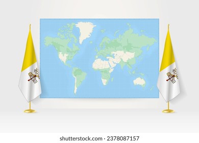 World Map between two hanging flags of Vatican City on flag stand. Vector illustration for diplomacy meeting, press conference and other.