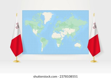 World Map between two hanging flags of Malta on flag stand. Vector illustration for diplomacy meeting, press conference and other.