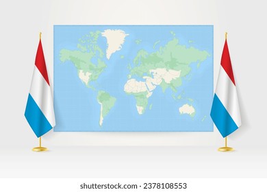 World Map between two hanging flags of Luxembourg on flag stand. Vector illustration for diplomacy meeting, press conference and other.