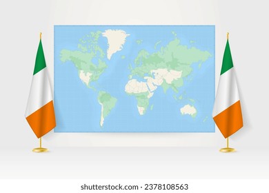 World Map between two hanging flags of Ireland on flag stand. Vector illustration for diplomacy meeting, press conference and other.