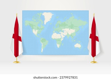 World Map between two hanging flags of Alabama on flag stand. Vector illustration for diplomacy meeting, press conference and other.