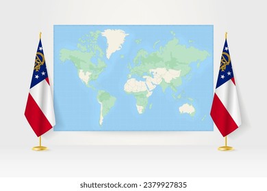 World Map between two hanging flags of Georgia on flag stand. Vector illustration for diplomacy meeting, press conference and other.