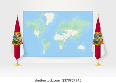 World Map between two hanging flags of Florida on flag stand. Vector illustration for diplomacy meeting, press conference and other.