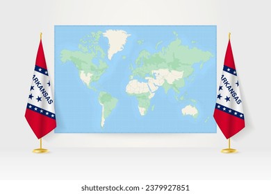 World Map between two hanging flags of Arkansas on flag stand. Vector illustration for diplomacy meeting, press conference and other.