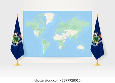 World Map between two hanging flags of Maine on flag stand. Vector illustration for diplomacy meeting, press conference and other.