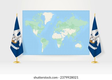 World Map between two hanging flags of Louisiana on flag stand. Vector illustration for diplomacy meeting, press conference and other.
