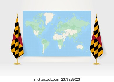 World Map between two hanging flags of Maryland on flag stand. Vector illustration for diplomacy meeting, press conference and other.