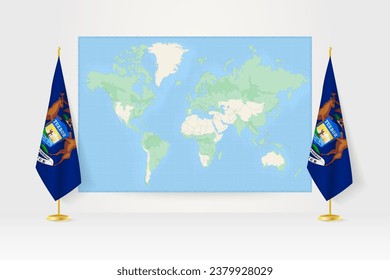 World Map between two hanging flags of Michigan on flag stand. Vector illustration for diplomacy meeting, press conference and other.