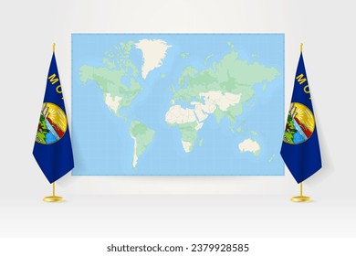 World Map between two hanging flags of Montana on flag stand. Vector illustration for diplomacy meeting, press conference and other.