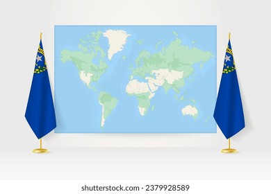 World Map between two hanging flags of Nevada on flag stand. Vector illustration for diplomacy meeting, press conference and other.