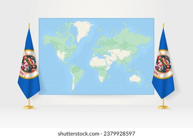 World Map between two hanging flags of Minnesota on flag stand. Vector illustration for diplomacy meeting, press conference and other.