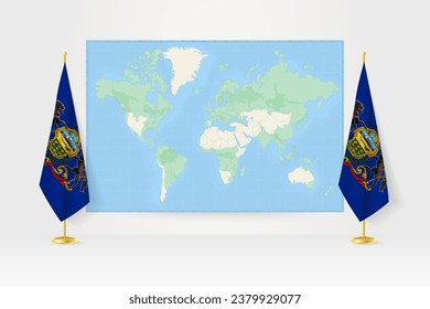 World Map between two hanging flags of Pennsylvania on flag stand. Vector illustration for diplomacy meeting, press conference and other.