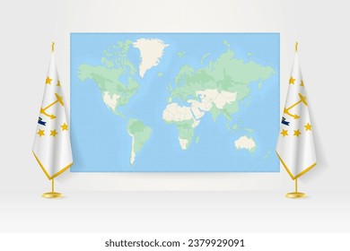 World Map between two hanging flags of Rhode Island on flag stand. Vector illustration for diplomacy meeting, press conference and other.