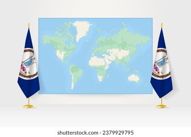 World Map between two hanging flags of Virginia on flag stand. Vector illustration for diplomacy meeting, press conference and other.