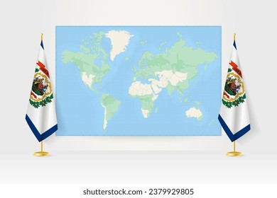 World Map between two hanging flags of West Virginia on flag stand. Vector illustration for diplomacy meeting, press conference and other.