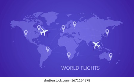 World map with big cities airports and couple of planes during their transcontinental flights