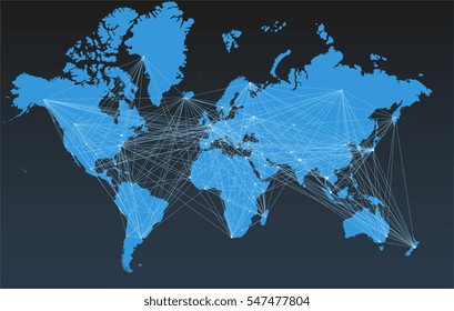 World map with big cities, connected by lines.