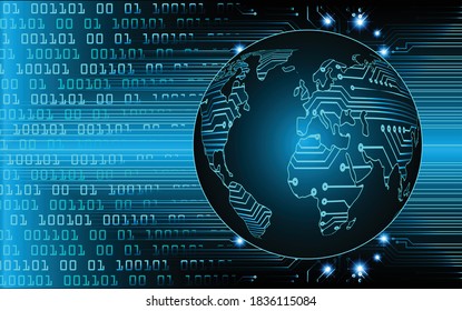 world map binary circuit board future technology, blue cyber security concept.