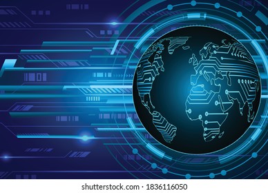 world map binary circuit board future technology, blue cyber security concept.