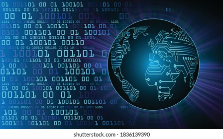 world map binary circuit board future technology, blue cyber security concept.