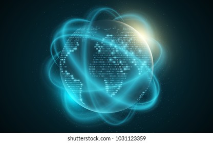 World map from binary code. Abstract planet earth. Blurred lines move. Futuristic background. Computer programming code. Blue sunrise and fog. Global network. Vector illustration. EPS 10