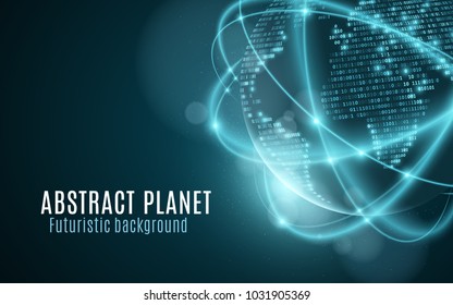 World map from binary code. Futuristic planet. Glowing, blurry neon lines. Abstract background. Computer programming code. Global network. Vector illustration. EPS 10