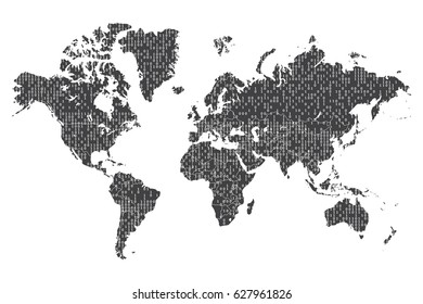 World map and binary code isolated on white background, Algorithm binary, data code, decryption and encoding, vector illustration.