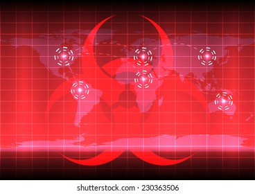 World map with bio hazard symbol  on red color background 
