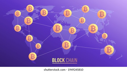 world map with bitcoin blockchain technology. purple color gradient vector illustration with bitcoins all over the world