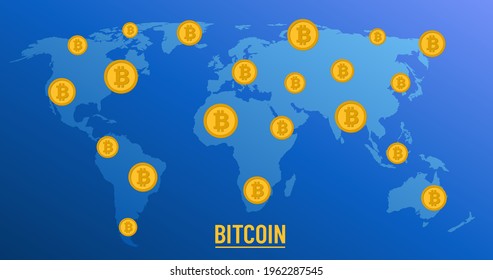 world map with bitcoin cryptocurrency worldwide. blue color gradient vector illustration with bitcoins all over the world