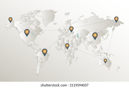 World map, bitcoin network and location pointer, separates states, card paper 3D natural vector