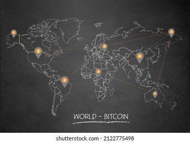 World map, bitcoin network and location pointer, design card blackboard chalkboard vector