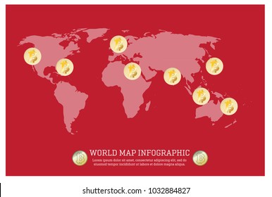 World map with Bitcoin symbol infographic, vector eps 10