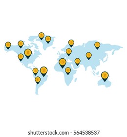 world map with bitcoins icon over white background. colorful design. vector illustration
