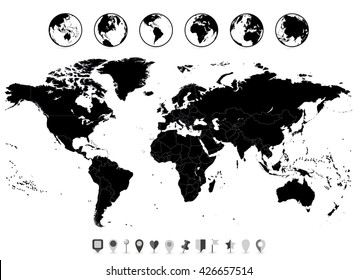 World Map black blank isolated on white and flat navigation icons. Vector illustration.