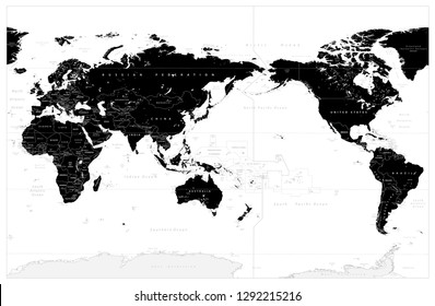 World Map Black Color Pacific Centered. Detailed World Map Vector illustration.