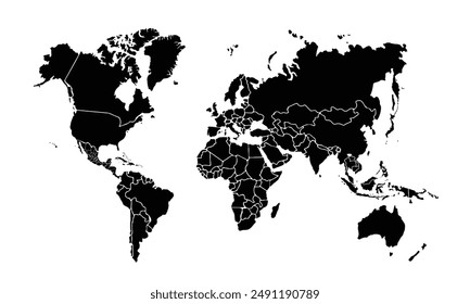 World map black color,isolated on white background for website layouts,background,education, precise,customizable,Travel worldwide,map silhouette backdrop,earth geography, political,reports.
