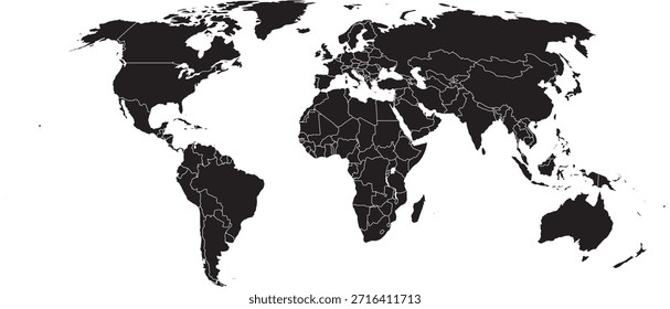 World Map Black With Country Borders Editable Vector With Waterbodies