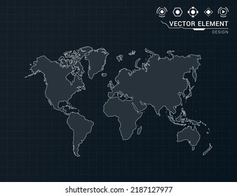 World map of black digital frame HUD, GUI, UI interface technology radar vector.