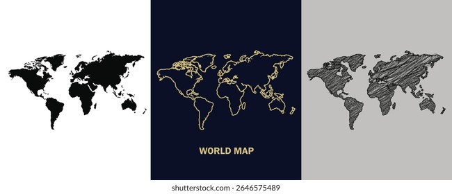 World Map Black, Gold, Sketch Map Vector Illustration Abstract Editable image