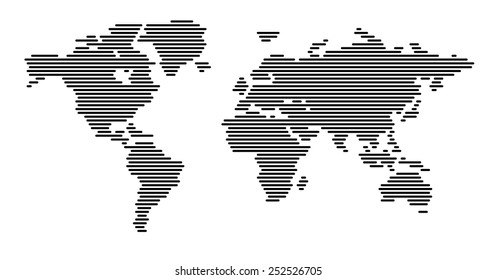 world map, black horizontal lines pattern EPS 10