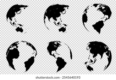 World map black isolated on transparent background. Flat earth map template for website layouts, background, education, annual report, infographics, travel worldwide, earth geography, political
